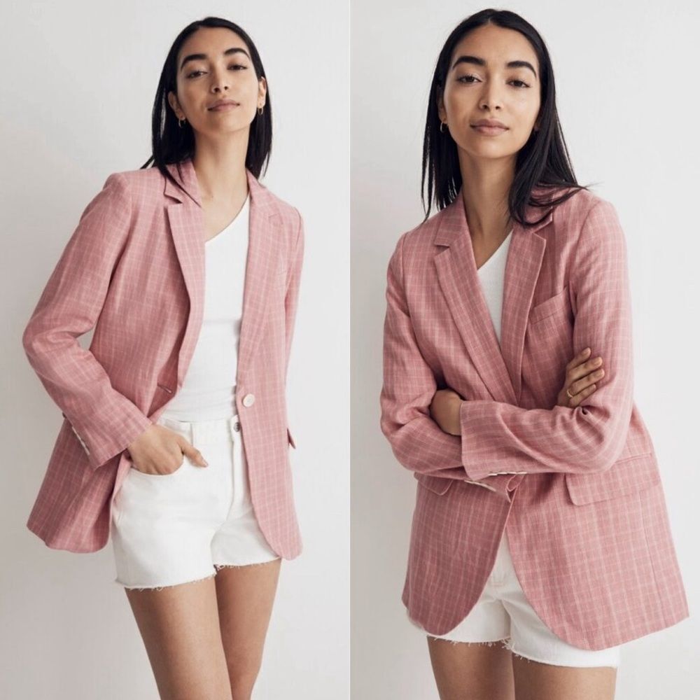 Madewell Pink Plaid Relaxed Blazer